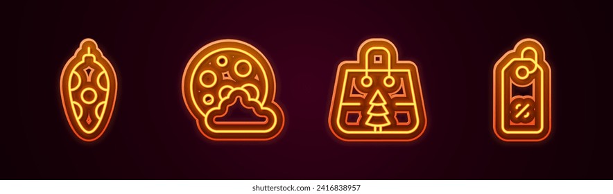 Set line Christmas toy, night, shopping bag and Discount percent tag. Glowing neon icon. Vector