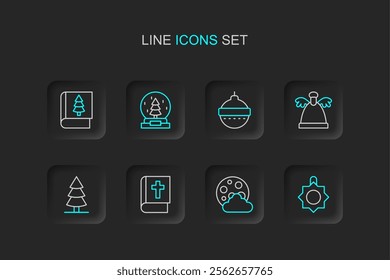 Set line Christmas toy, night, Holy bible book, tree, Angel, ball, snow globe and  icon. Vector