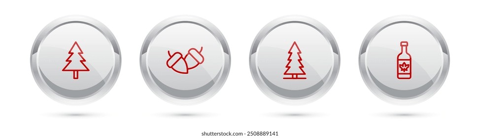 Set line Christmas tree, Acorn, Canadian spruce and Beer bottle. Silver circle button. Vector