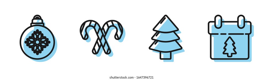 Fijen el árbol de Navidad, la bola de Navidad, el bastón de dulces de Navidad con rayas y el icono del Calendario. Vector