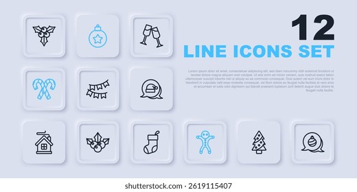 Set line Christmas tree, ball, Carnival garland with flags, Holiday gingerbread man cookie, Candy cane stripes, Branch viburnum,  and stocking icon. Vector