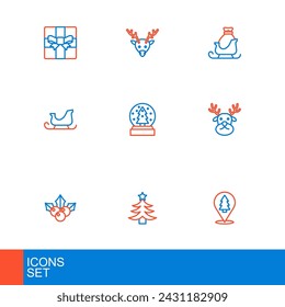 Set line Christmas tree, Branch viburnum, Reindeer, santa claus sleigh, snow globe,  and  icon. Vector