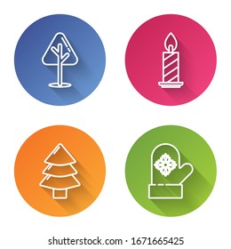 Set line Christmas tree, Burning candle in candlestick, Christmas tree and Christmas mitten. Color circle button. Vector