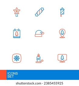 Set line Christmas tree, Burning candle, Snowflake, day calendar, Santa Claus hat, Firework rocket and Candy icon. Vector