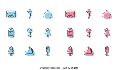 Set line Christmas tree, Cake, postcard, Glass of champagne, star, Merry ringing bell, Price tag with Sale and Microphone icon. Vector