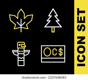 Set line Christmas tree, Canadian dollar, totem pole and maple leaf icon. Vector