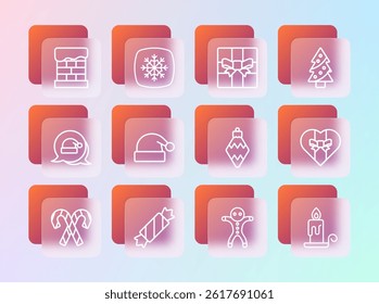 Set line Christmas tree, Candy, toy, Holiday gingerbread man cookie, Santa Claus hat, Gift box, chimney and Snowflake icon. Vector