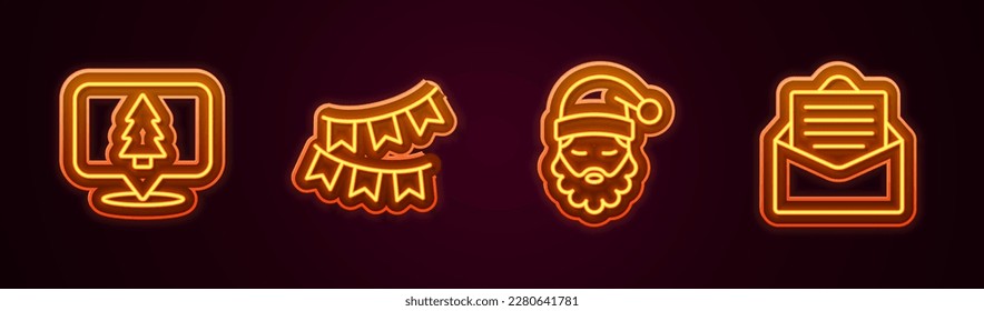 Arregle el árbol de Navidad, garland carnavalesco con banderas, barba de sombrero Santa Claus y sobre. Icono de neón brillante. Vector