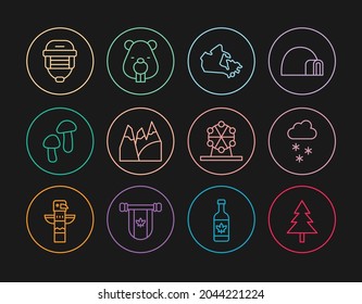 Set line Christmas tree, Cloud with snow, Canada map, Mountains, Mushroom, Hockey helmet, Ferris wheel and Beaver animal icon. Vector