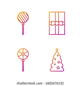 Set line Christmas tree with decorations, Lollipop, Lollipop and Gift box. Gradient color icons. Vector