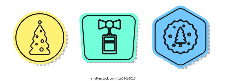 Set line Christmas tree with decorations, Price tag with an inscription Sale and Cookie or biscuit with chocolate. Colored shapes. Vector