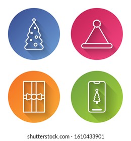Set line Christmas tree with decorations, Christmas Santa Claus hat, Gift box and Smartphone with gift box. Color circle button. Vector