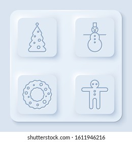 Set line Christmas tree with decorations, Christmas snowman, Christmas wreath and Holiday gingerbread man cookie. White square button. Vector