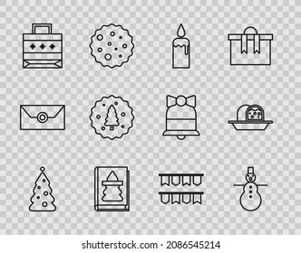 Set line Christmas tree with decorations, snowman, Burning candle in candlestick, book, paper shopping bag, Cookie biscuit chocolate, Carnival garland flags and Marzipan sponge cake icon. Vector