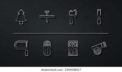 Set line Christmas tree, Hacksaw, Chisel tool, Closed door, Wooden logs, Metallic nail, Hand and and axe icon. Vector