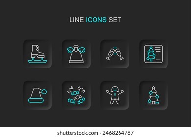 Set line Christmas tree, Holiday gingerbread man cookie, Candy, Santa Claus hat, postcard, Glass of champagne, Angel and Skates icon. Vector