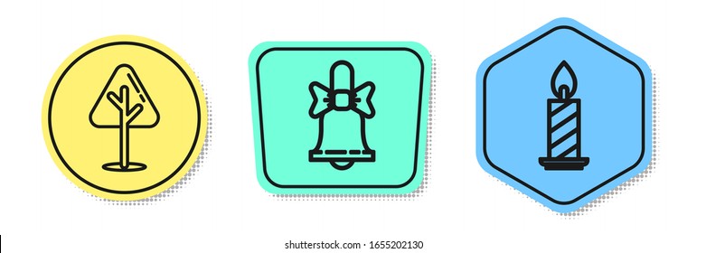 Set line Christmas tree, Merry Christmas ringing bell and Burning candle in candlestick. Colored shapes. Vector