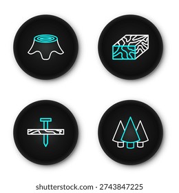 Set line Christmas tree, Metallic nail, Wooden beam and Tree stump icon. Vector
