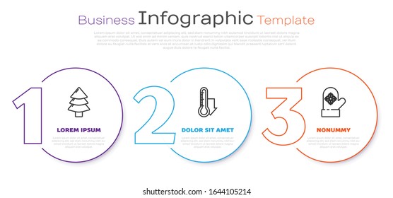 Set line Christmas tree, Meteorology thermometer measuring and Christmas mitten. Business infographic template. Vector