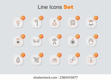 Set line Christmas tree, mittens, Santa Claus hat, Envelope, snowman, ball and Holiday gingerbread cookie icon. Vector