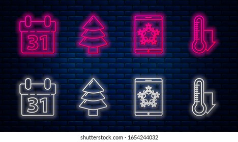 Fije la línea de árbol de Navidad, Navidad en smartphone y copos de nieve, Calendario y Medición de termómetro de meteorología. Icono de neón brillante en la pared de ladrillo. Vector