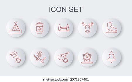 Set line Christmas tree, Paw print, Capilano Suspension Bridge, Ferris wheel, Indian teepee or wigwam, Coffee cup to go, Curling sport game and Peameal bacon icon. Vector