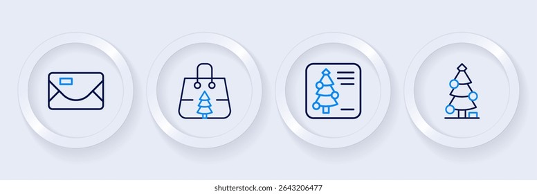 Set line Christmas tree, postcard, shopping bag and Envelope icon. Vector