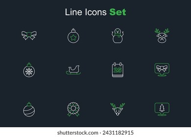 Set line Christmas tree, Reindeer, wreath, ball, Gift bow, day calendar, santa claus sleigh and  icon. Vector