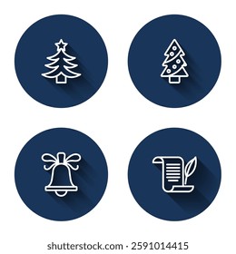 Set line Christmas tree, ringing bell and Envelope with long shadow. Blue circle button. Vector