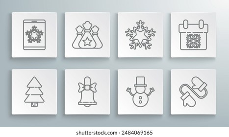 Set line Christmas tree, Santa Claus bag gift, Merry ringing bell, snowman, Pair of knitted christmas mittens, Snowflake, Calendar and on smartphone and snowflake icon. Vector