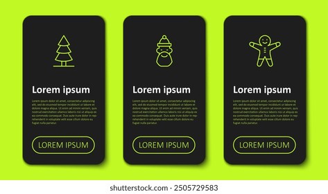 Set line Christmas tree, Santa Claus hat and beard and Holiday gingerbread man cookie. Business infographic template. Vector