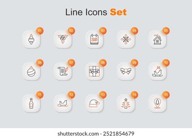 Set line Christmas tree, Santa Claus hat, santa claus sleigh, Champagne bottle, Gift bow and box icon. Vector