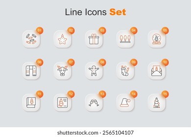 Set line Christmas tree, Santa Claus hat, Glass of champagne, postcard, book, Envelope, stocking and Holiday gingerbread man cookie icon. Vector