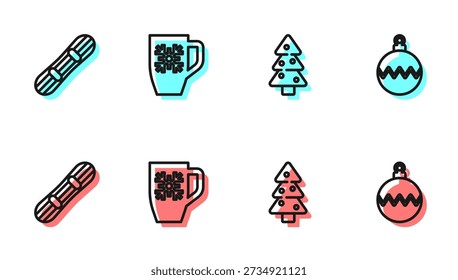 Set line Christmas tree, Snowboard, Coffee cup with snowflake and ball icon. Vector