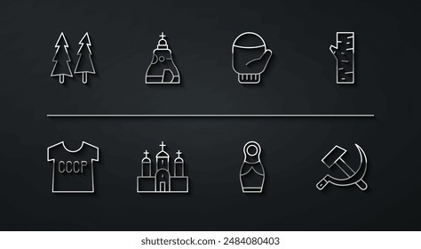 Set line Christmas tree, USSR t-shirt, Birch, Russian doll matryoshka, Church building, The Tsar bell, Hammer and sickle and mitten icon. Vector