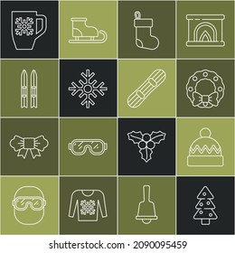 Set line Christmas tree, Winter hat, wreath, stocking, Snowflake, Ski and sticks, Coffee cup with snowflake and Snowboard icon. Vector