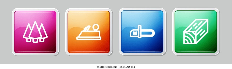 Set line Christmas tree, Wood plane tool, Chainsaw and Wooden beam. Colorful square button. Vector