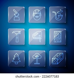 Set line Christmas tree, Tree, Wooden beam, Smoking pipe, Electric jigsaw, Hammer, axe stump and  icon. Vector