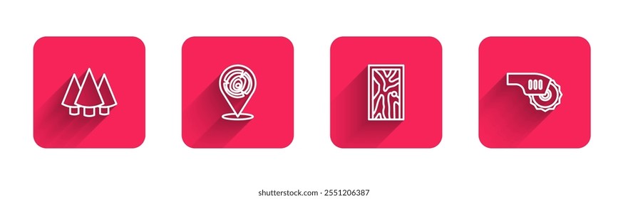 Set line Christmas tree, Wooden logs, Closed door and Electric circular saw with long shadow. Red square button. Vector