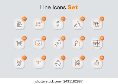 Árbol de Navidad, corona, bola, estrella, sombrero y barba de Santa Claus, caja de regalo, copa de champán y mitones icono. Vector