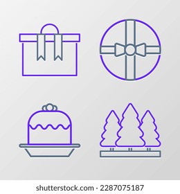 Set line Christmas trees, Cake, Gift box and  icon. Vector
