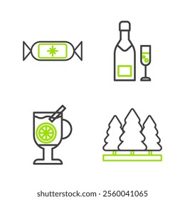 Set line Christmas trees, Mulled wine with glass of drink, Champagne bottle and champagne and Candy icon. Vector