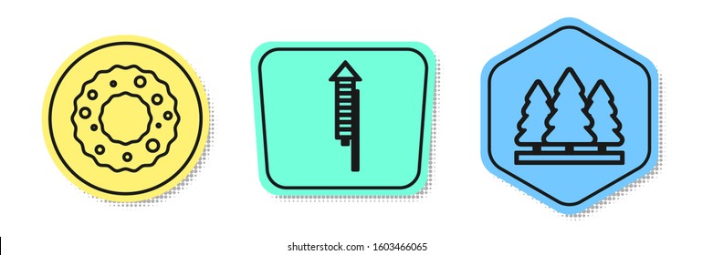 Set line Christmas wreath, Firework rocket and Christmas trees. Colored shapes. Vector