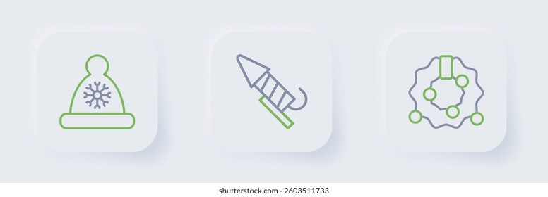 Set line Christmas wreath, Firework rocket and Santa Claus hat icon. Vector