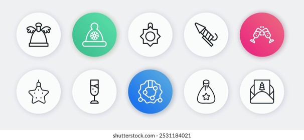 Set line Christmas wreath, Glass of champagne, star, Santa Claus bag gift, Firework rocket, toy, Envelope and  icon. Vector
