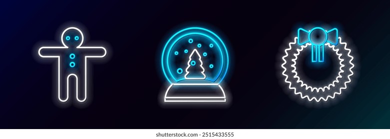 Set line Christmas wreath, Holiday gingerbread man cookie and snow globe icon. Glowing neon. Vector