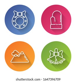 Set line Christmas wreath, Christmas mitten, Mountains and Merry Christmas ringing bell. Color circle button. Vector