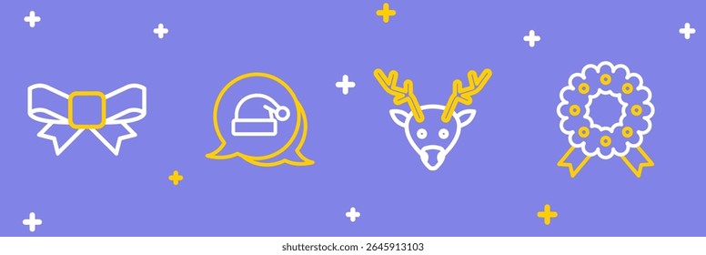 Set line Christmas wreath, Reindeer, Santa Claus hat and Gift bow icon. Vector