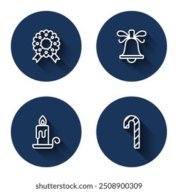 Set line Christmas wreath, ringing bell, Burning candle and Candy cane with stripes with long shadow. Blue circle button. Vector