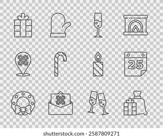 Set line Christmas wreath, Santa Claus bag gift, Glass of champagne, postcard, Gift box, candy cane,  and Calendar icon. Vector